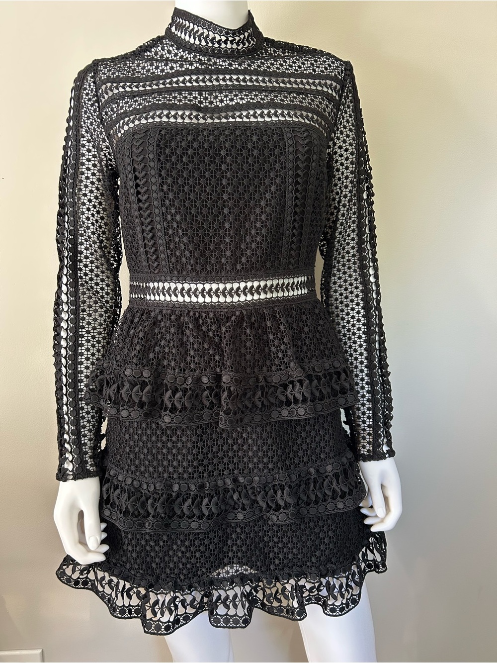 Self-Portrait Black 3D Lace Tiered Mini Dress US 8 NWT $520